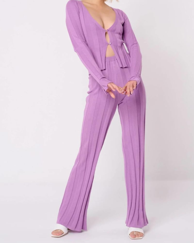 Front of a model wearing a size L Wide Rib Knit Trouser in Lilac in Lilac by ANOTHER GIRL. | dia_product_style_image_id:343133